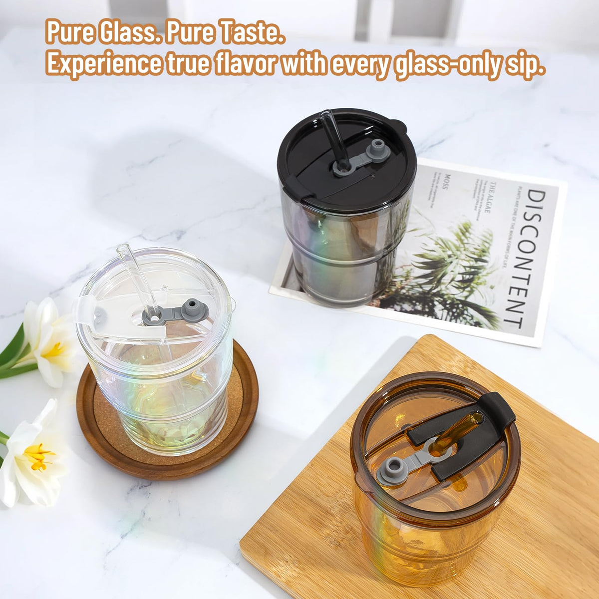 Cafezi amber tumbler with wide mouth for easy filling and cleaning.