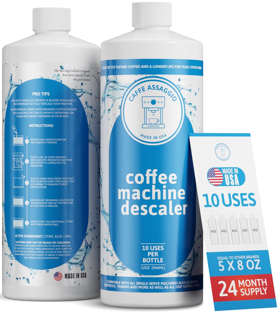 Caffe Assaggio descaling solution bottle for safe mineral-free brewing