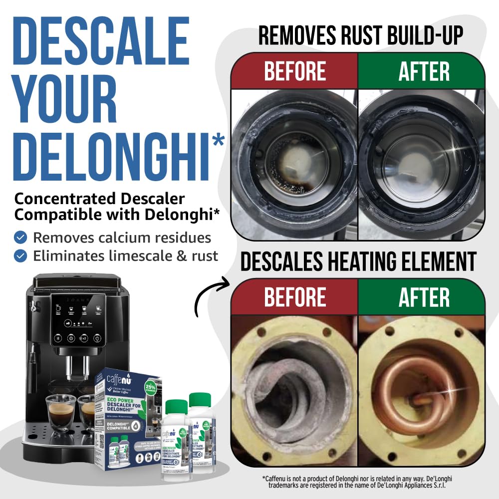 Two bottles boxed for Delonghi coffee machine maintenance.