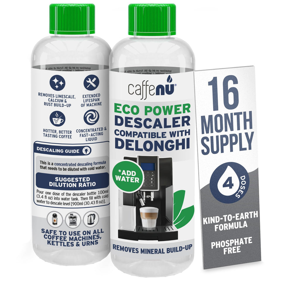 Caffenu Delonghi descaler bottle front, 400 ml for four uses.