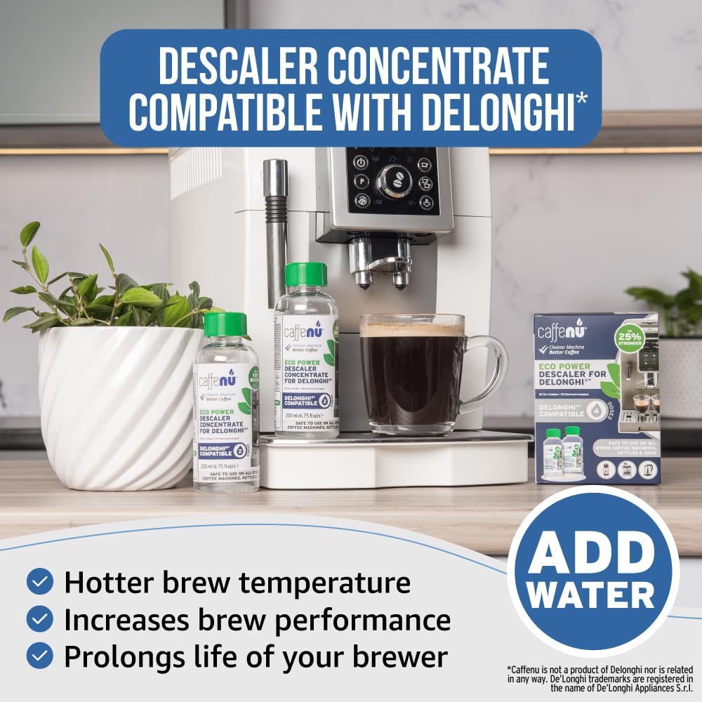Descaler poured into a Delonghi brewer to remove limescale.