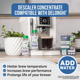 Descaler poured into a Delonghi brewer to remove limescale.