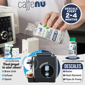 Caffenu Delonghi descaler packaging highlighting concentrated formula.