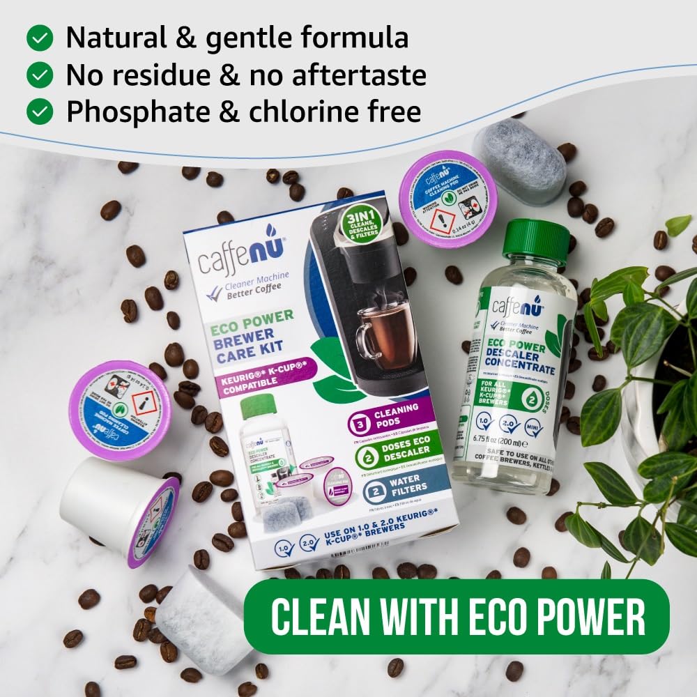 Caffenu Keurig cleaning pods foreground for quick, hygienic chamber cleaning in minutes.
