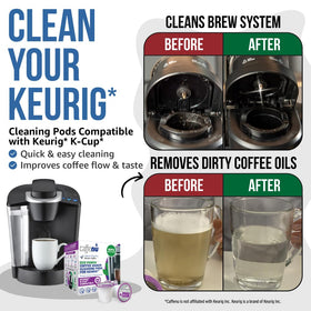 Caffenu Keurig cleaning pod in use dissolving residue for cleaner brewing