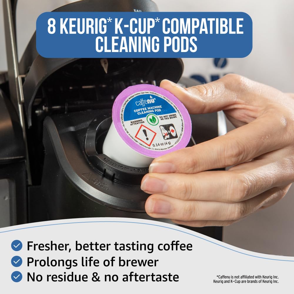 Caffenu Keurig cleaning pods packaging showing eco-friendly formula
