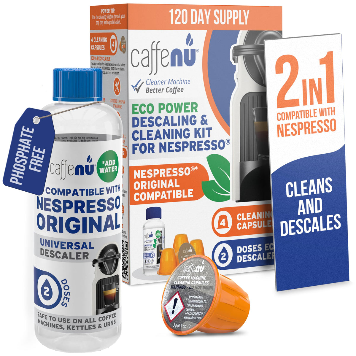 Caffenu descaling solution bottle pouring, removing limescale buildup from Nespresso Originaline.