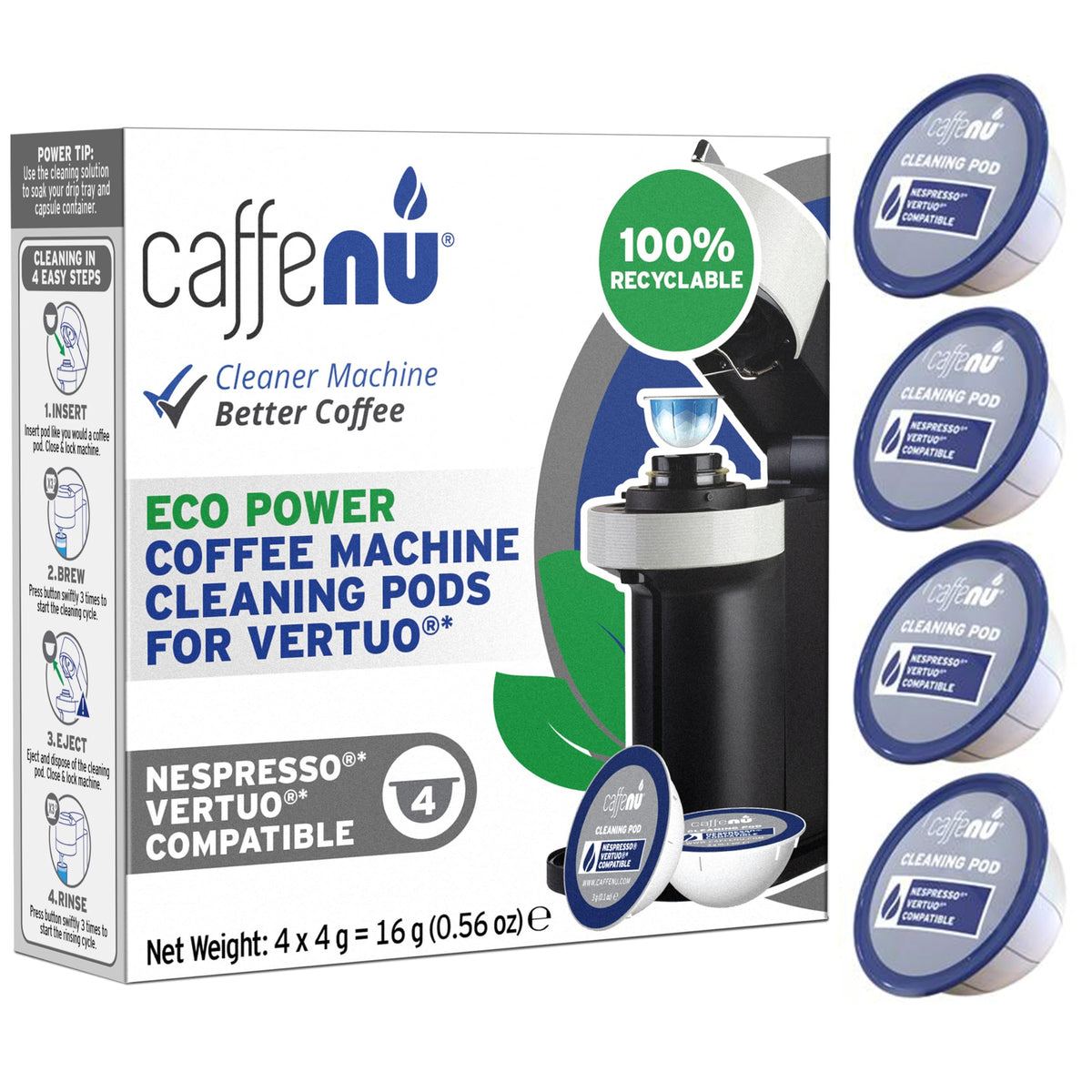 Caffenu Vertuo cleaning pod with foaming action removes residue for fresher coffee