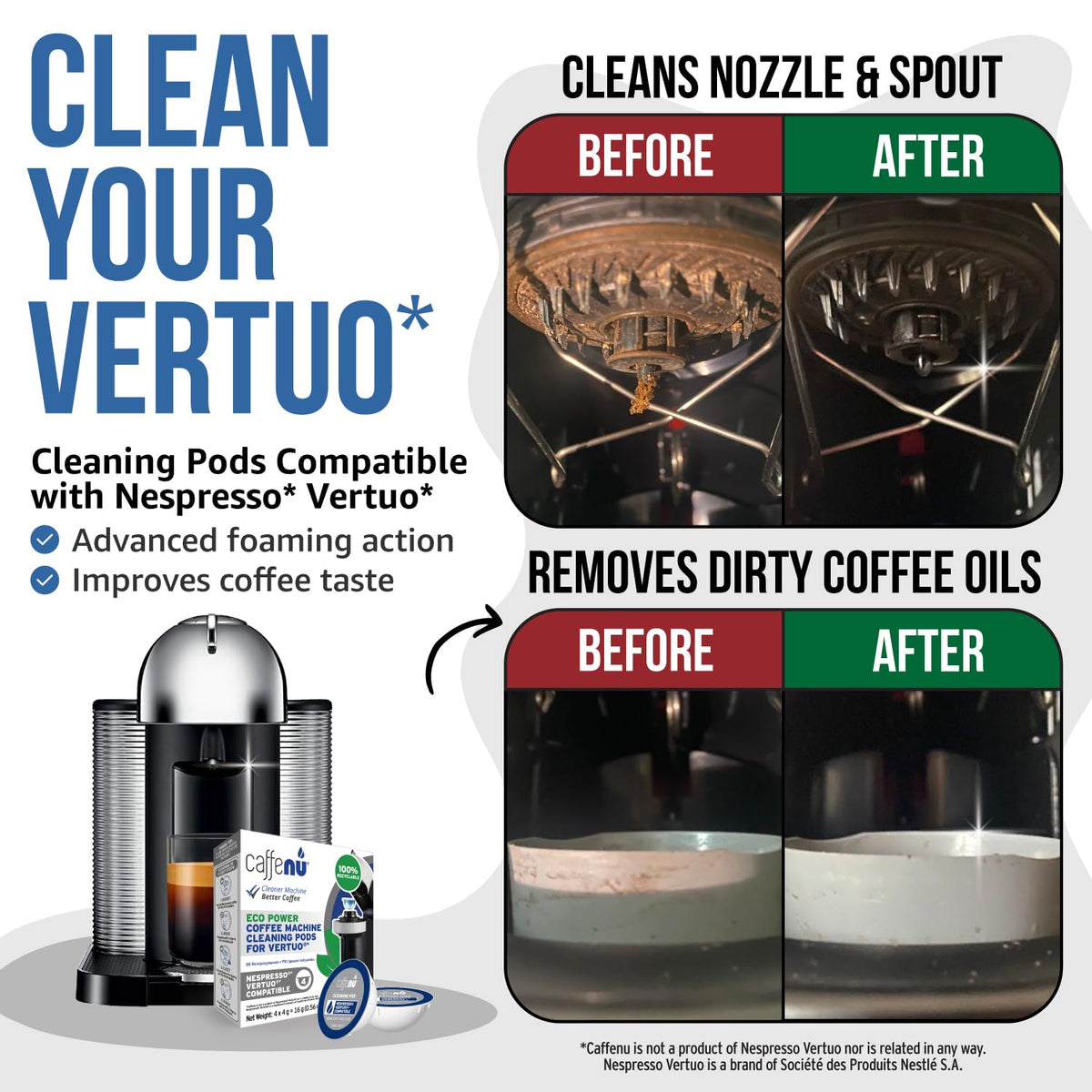 Caffenu Vertuo cleaning pod in use during a quick machine maintenance cycle