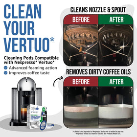 Caffenu Vertuo cleaning pod in use during a quick machine maintenance cycle