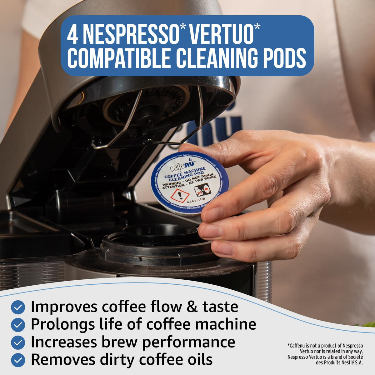 Caffenu Vertuo cleaning pod shown with descaler kit to highlight compatibility