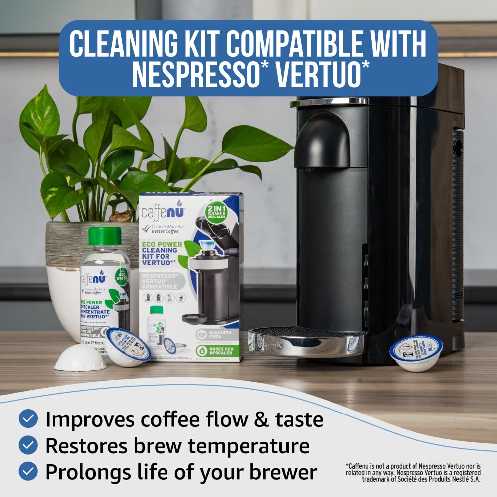 Caffenu Vertuo descaler liquid bottle designed to dissolve buildup