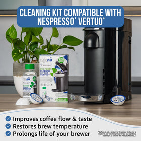 Caffenu Vertuo descaler liquid bottle designed to dissolve buildup