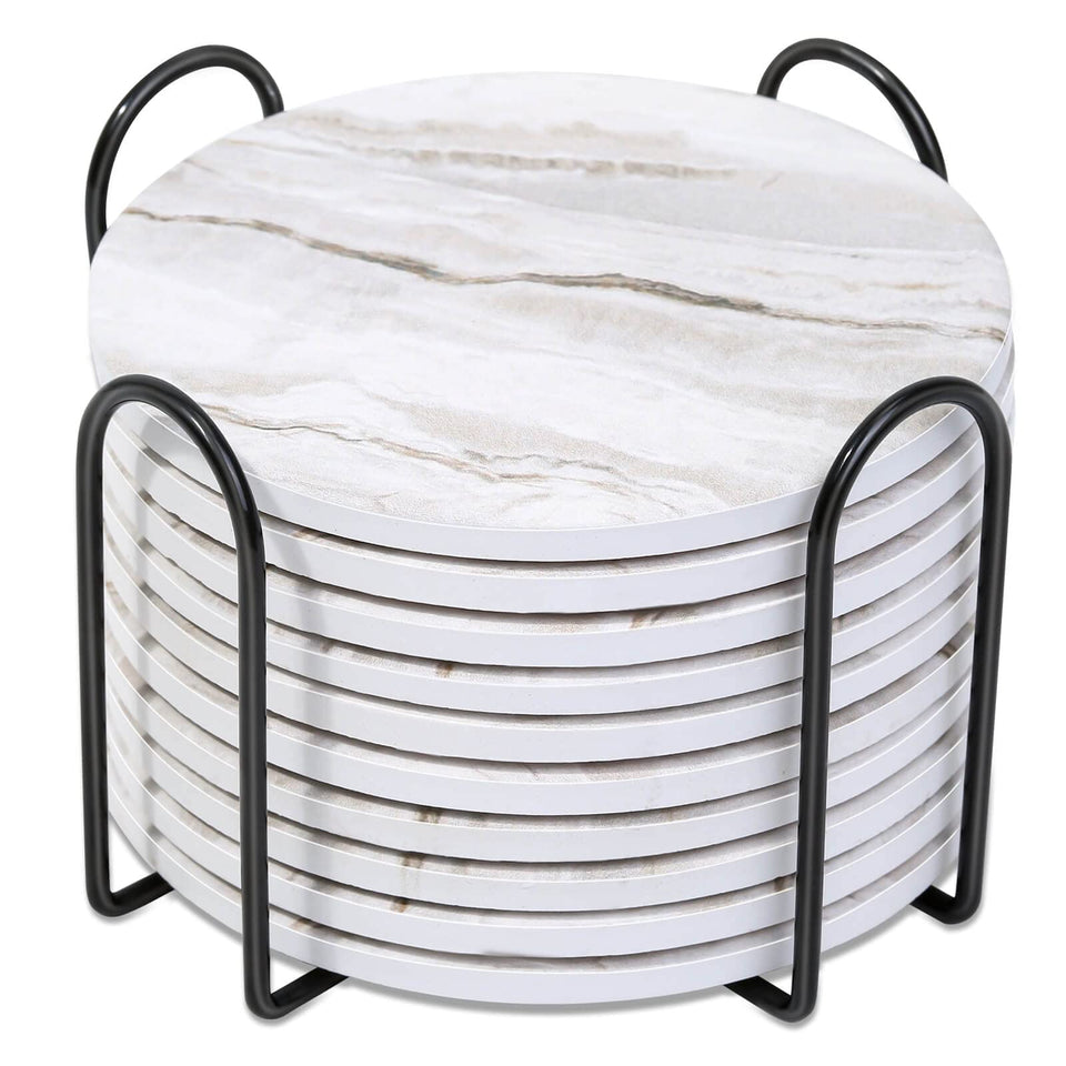 Caffox marbled coaster set with holder on wooden table protecting surface