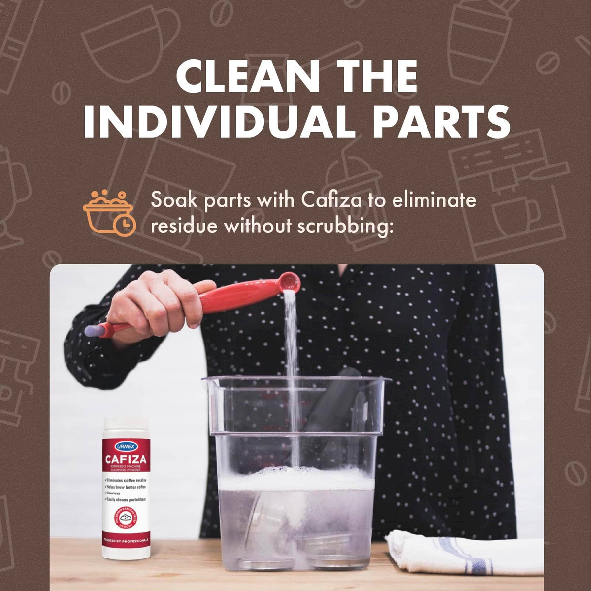 Cafiza supports daily backflush routines for reliable equipment cleanliness.