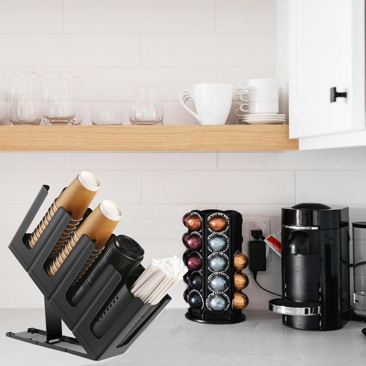 Cairondin cup holder includes straw storage for lids and straws within reach.