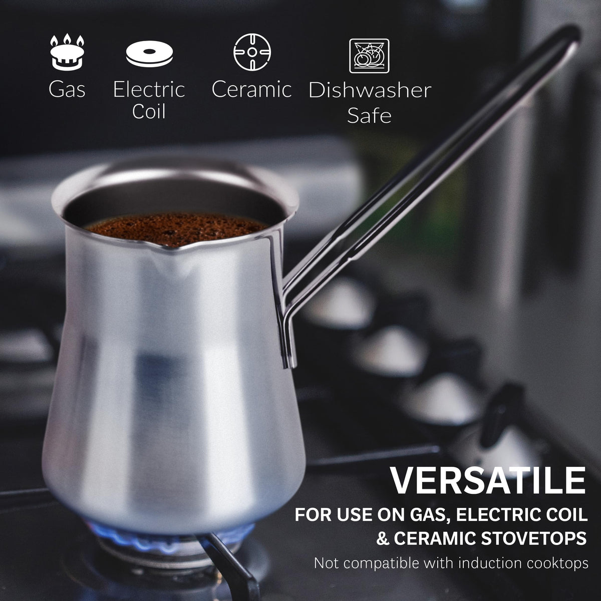 Caizen Coffee briki suitable for ceramic stovetops, stylish and practical.