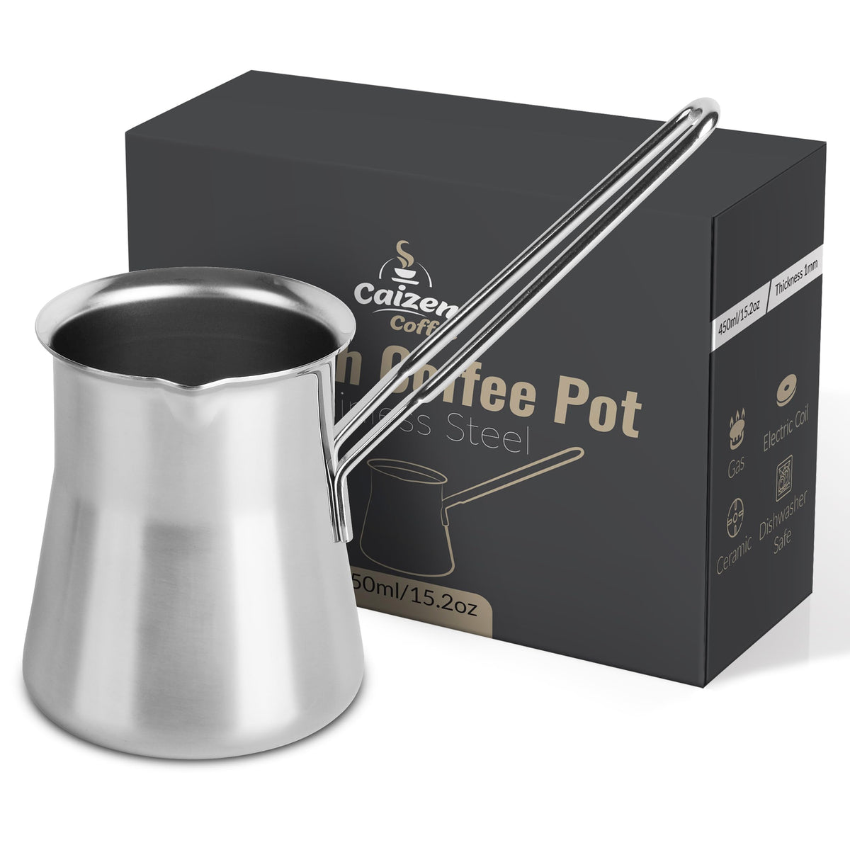 Caizen Coffee quality Turkish coffee pot in stainless steel for lasting durability.