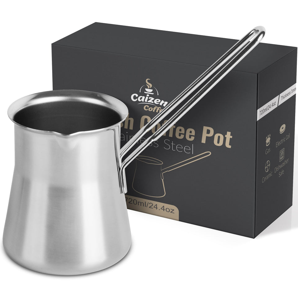 Caizen Coffee quality Turkish coffee pot in action for authentic brews.