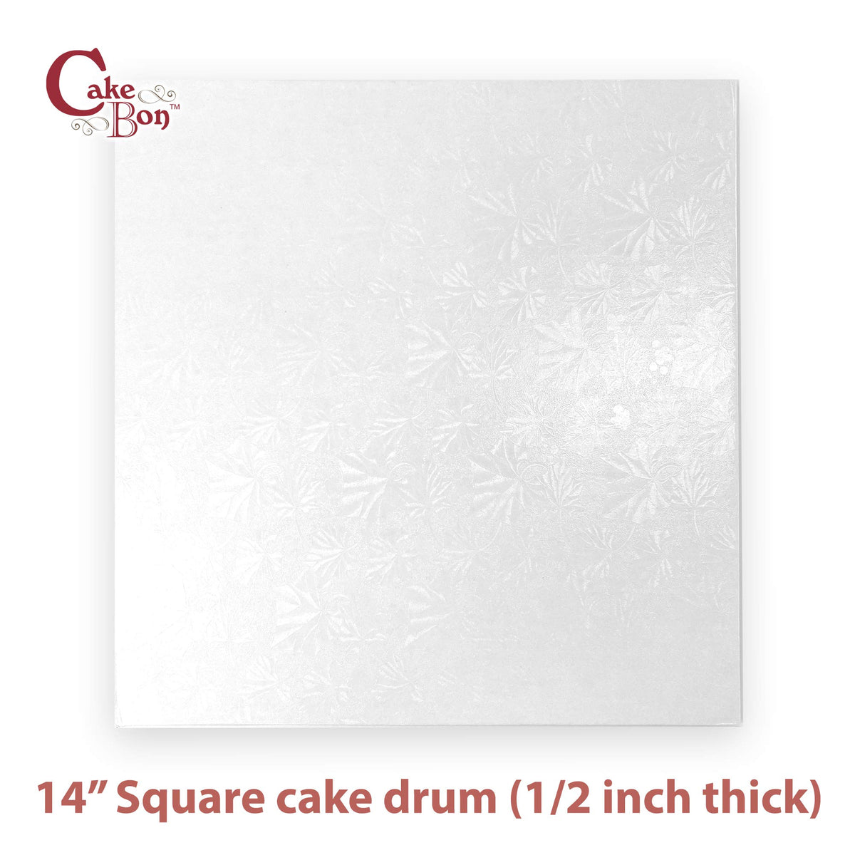 Cakebon 14-inch square drum showcases half-inch core for sturdy stacking.