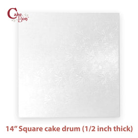 Cakebon 14-inch square drum showcases half-inch core for sturdy stacking.