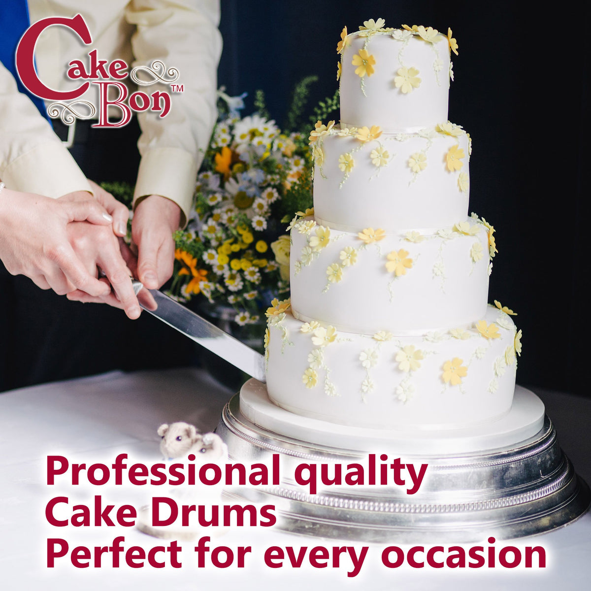 Cakebon square drum demonstrates tier pairing with 10 and 12 inch sizes.