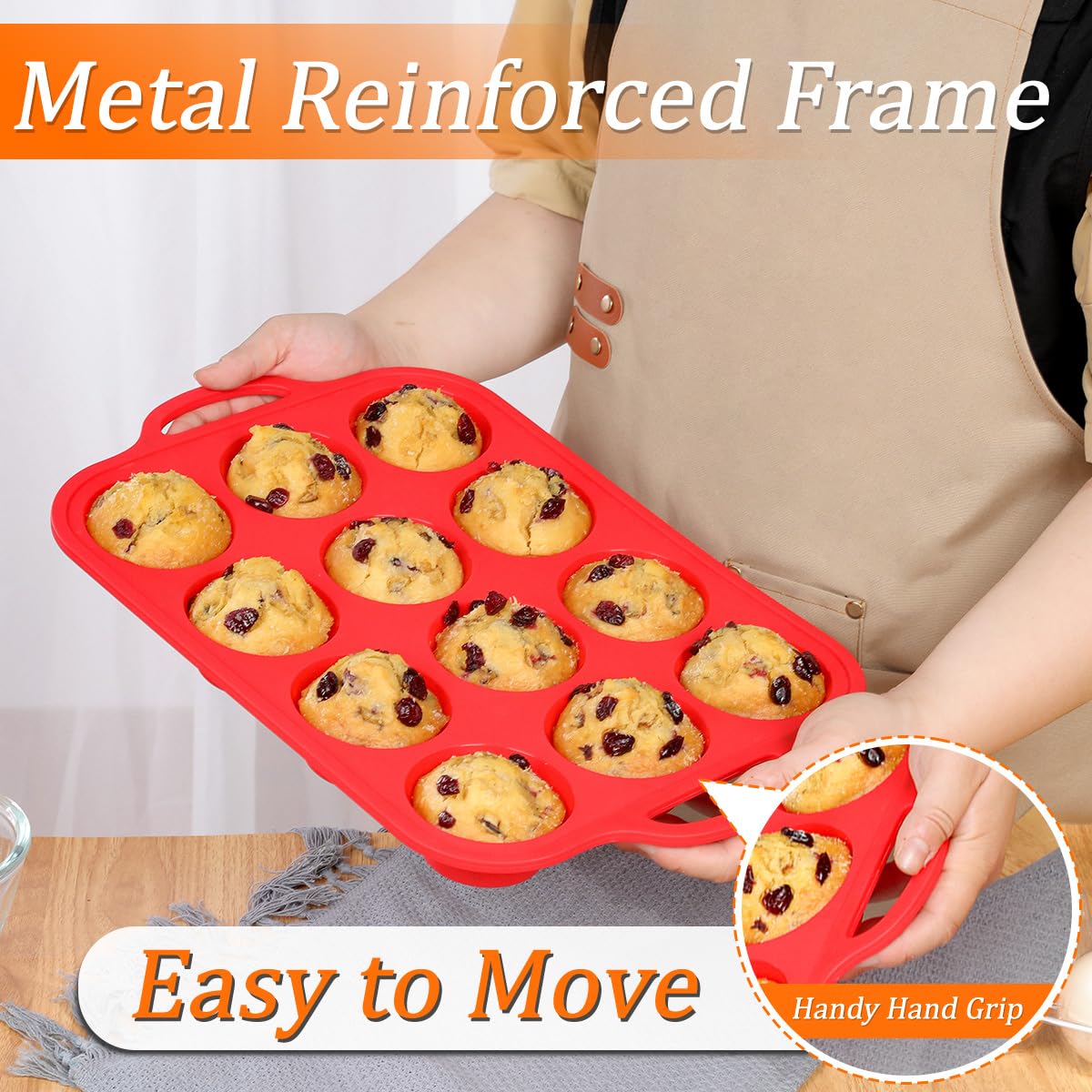 CAKETIME 12-cup silicone muffin cups release muffins easily.
