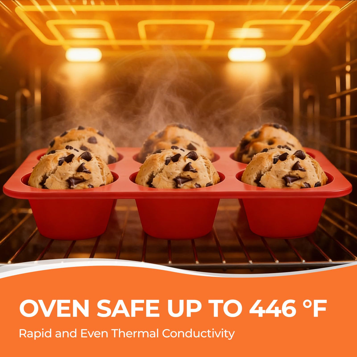 CAKETIME silicone jumbo muffin pan in oven use shows reliable heat tolerance.
