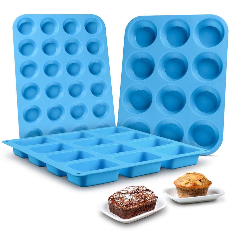 CAKETIME 24-cup silicone muffin pan shows a nonstick surface for easy release.