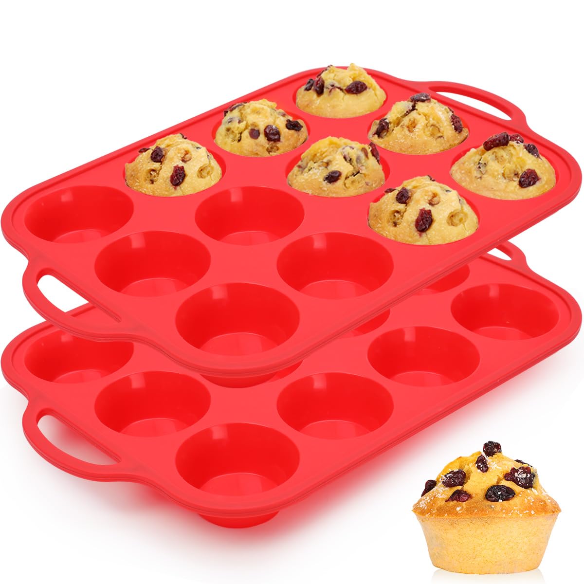 CAKETIME silicone muffin pan red top view shows 12-cup layout for even baking.