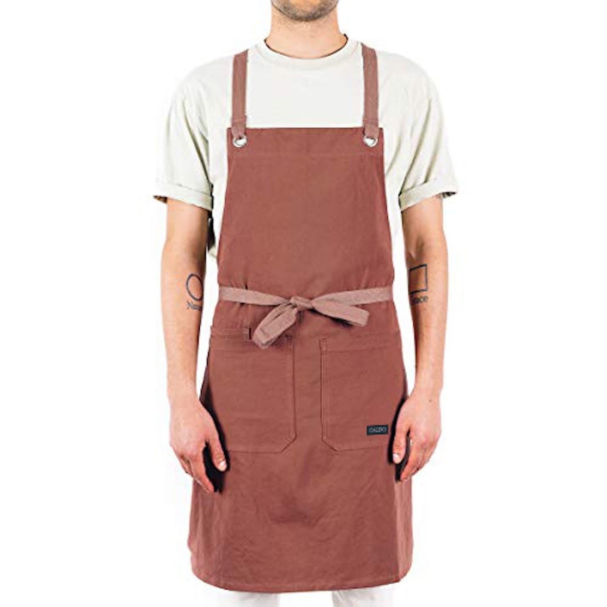 Caldo Crossback apron durable cotton twill provides lasting protection for daily kitchen tasks.