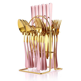 Caliamary 24pc flatware set with gold-pink handles, ideal for stylish everyday dining.