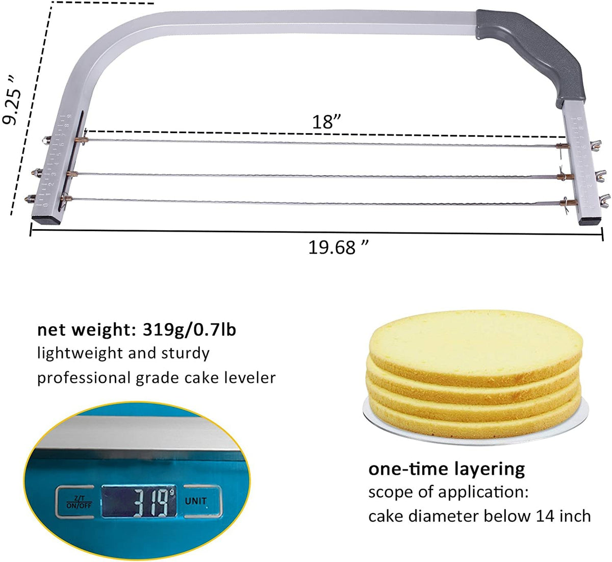 CALOPET cake cutter size guide showing 1–9 cm slices.