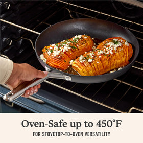 Calphalon nonstick pan demonstrates easy food release during cooking.
