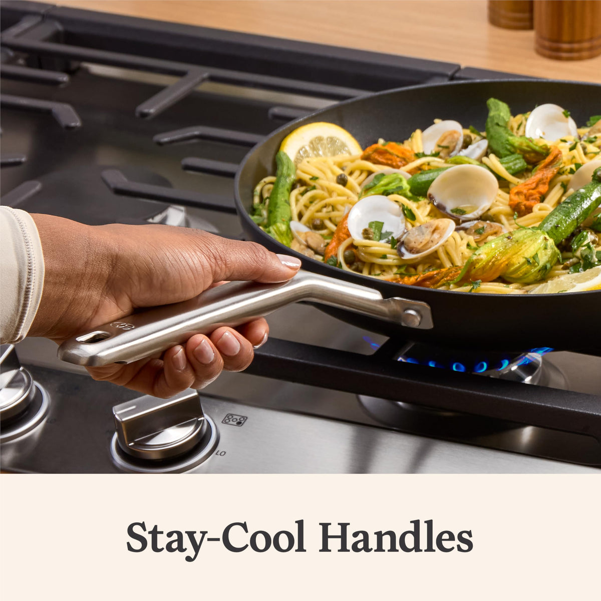 Calphalon pan oven-safe up to 450 degrees for seamless stovetop to oven use.