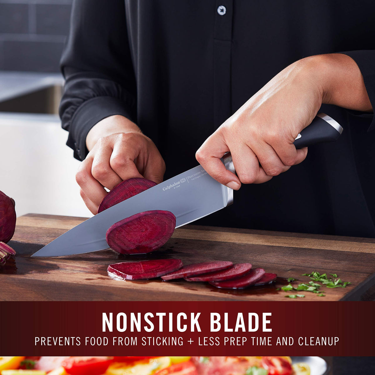 Calphalon 13-piece nonstick knife blade close-up showing smooth food release.