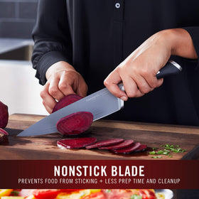 Calphalon 13-piece nonstick knife blade close-up showing smooth food release.