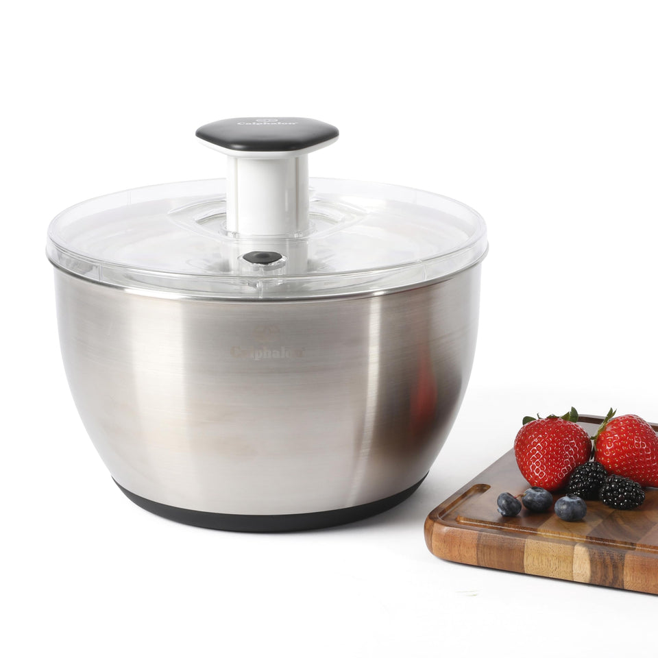 Calphalon Aero 6.3 Qt salad spinner front view dries greens quickly