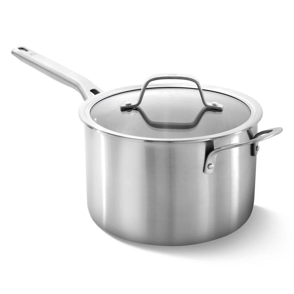 Calphalon brushed 3-ply sauce pan with lid, even heating for sauces and soups.