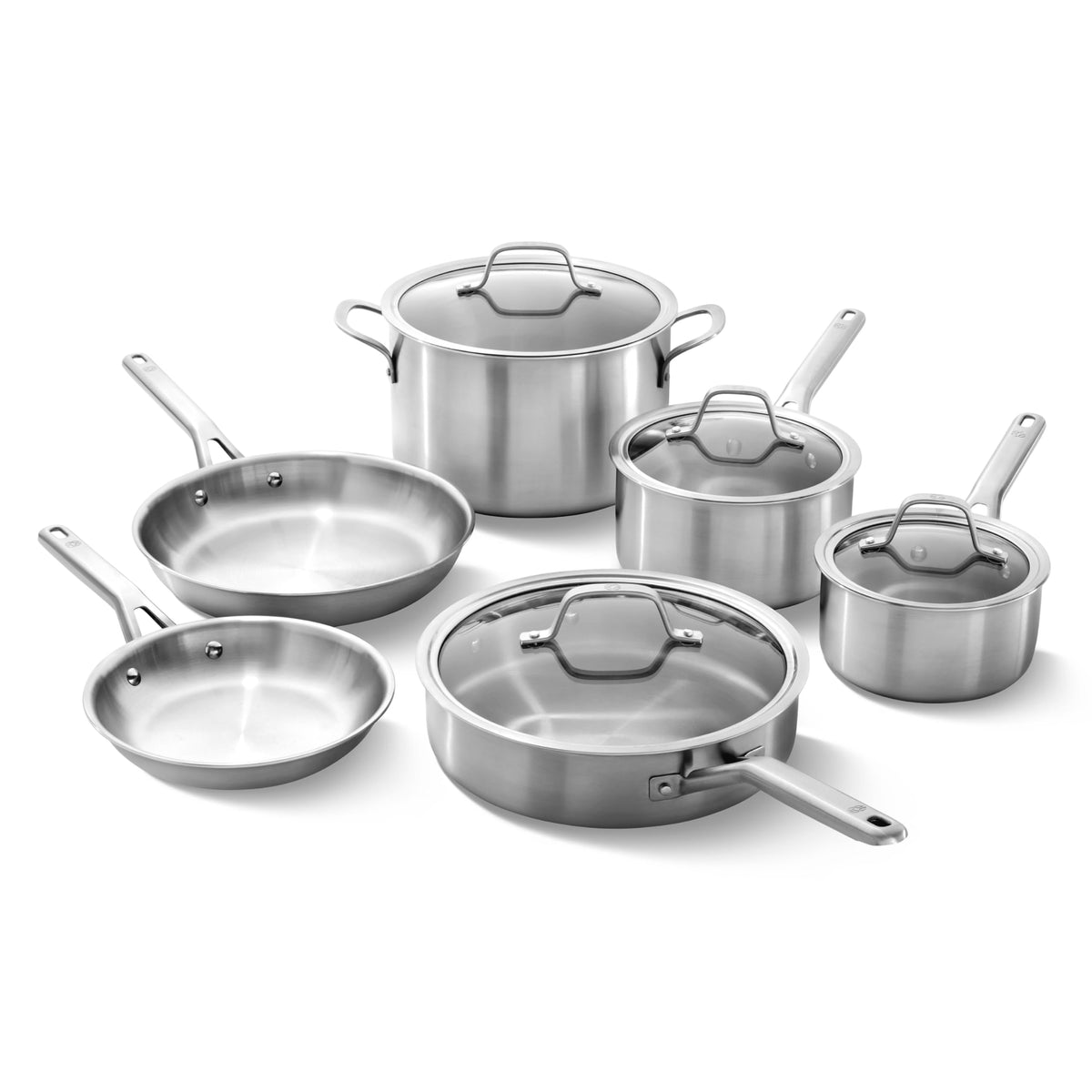 Calphalon brushed 3-ply set front view, durable cookware for everyday family meals.