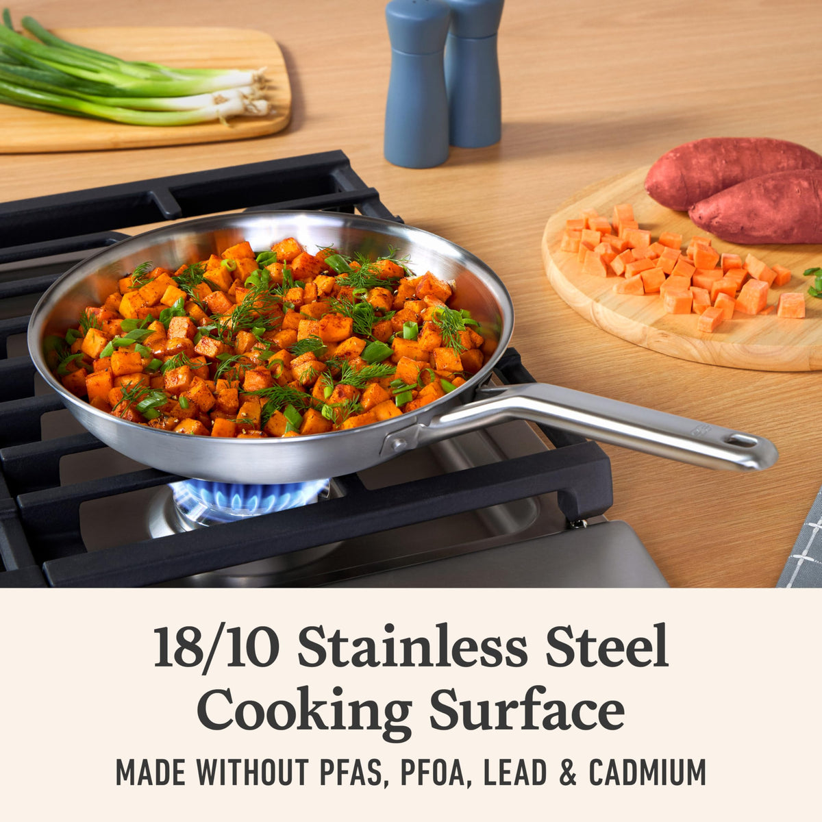 Calphalon oven-safe up to 450°F view illustrating stovetop-to-oven versatility.