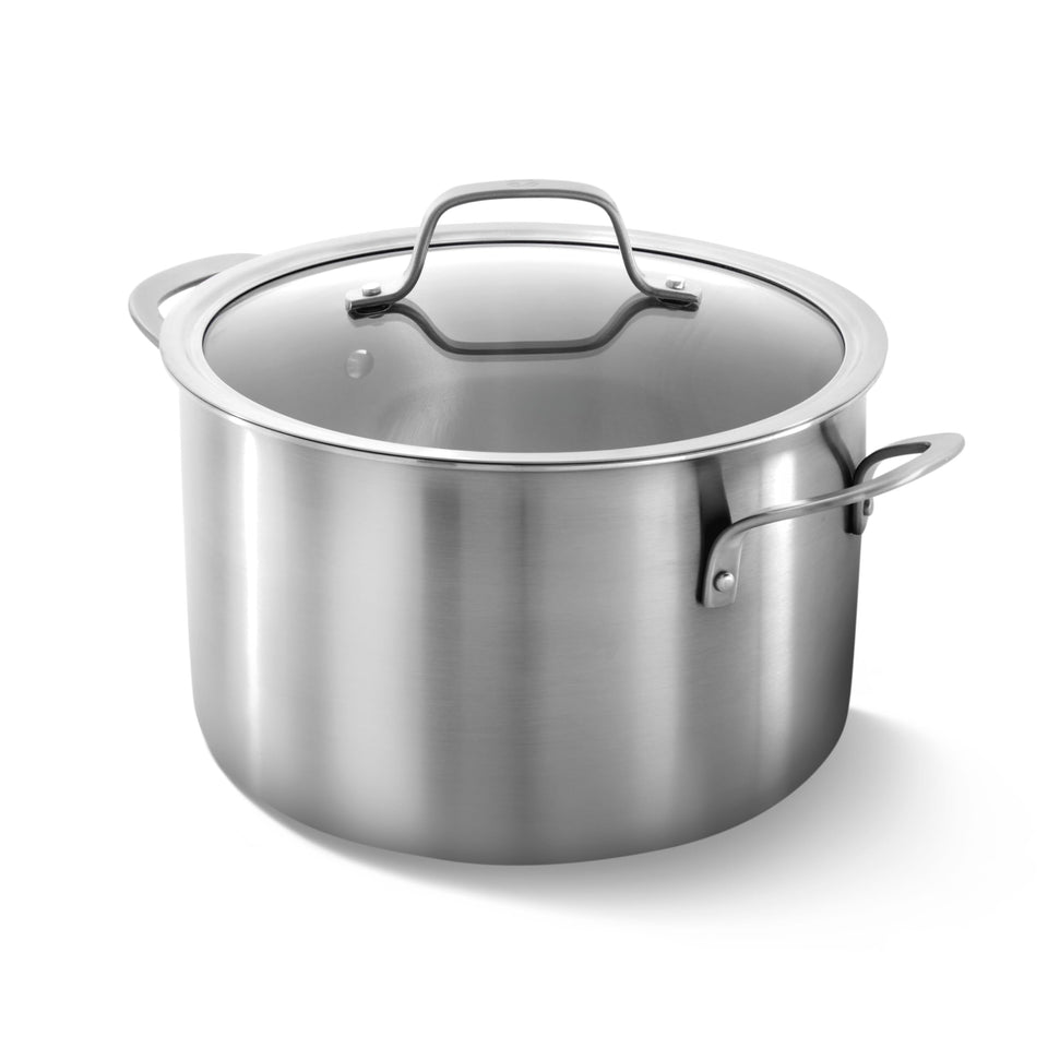 Calphalon brushed 3-ply stock pot with lid for even heating and versatility