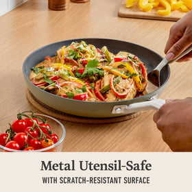 Calphalon Ceramic Nonstick interior close-up showing scratch-resistant coating.