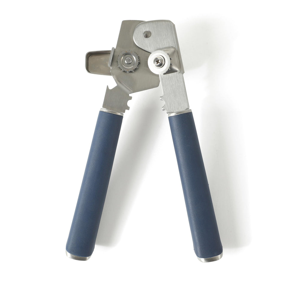 Calphalon Edge can opener navy with stainless steel blade for effortless opening and durability.