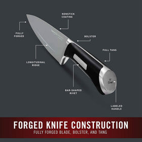 Fully forged steel full-tang Calphalon knife delivering balanced weight for precise cuts.