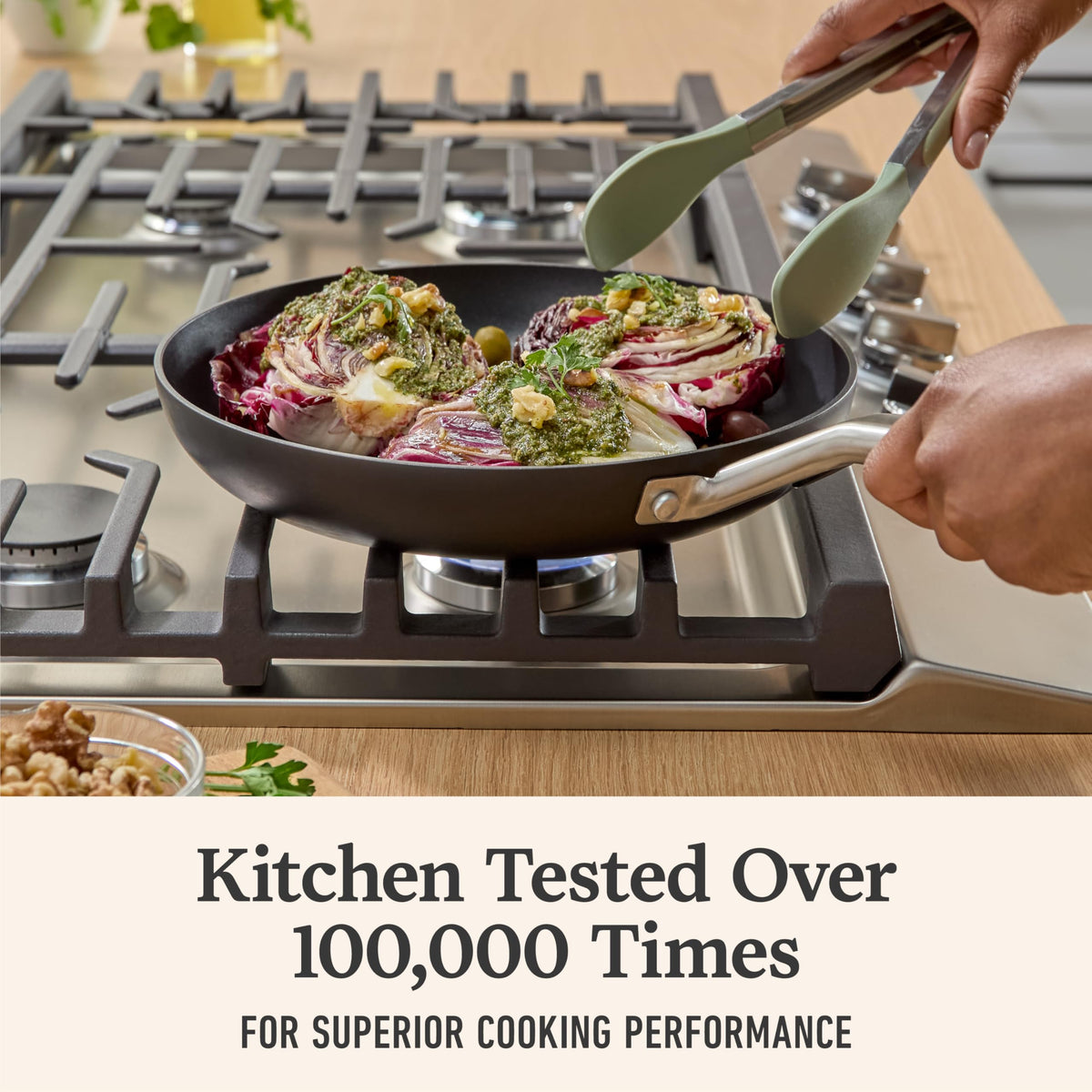 Calphalon hard-anodized 10-inch frying pan delivering even heating.