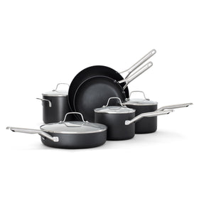 Calphalon hard-anodized 10-piece set top view highlighting durable construction for daily cooking