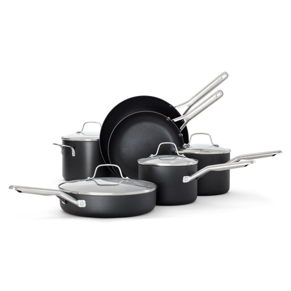 Calphalon hard-anodized 10-piece set top view highlighting durable construction for daily cooking