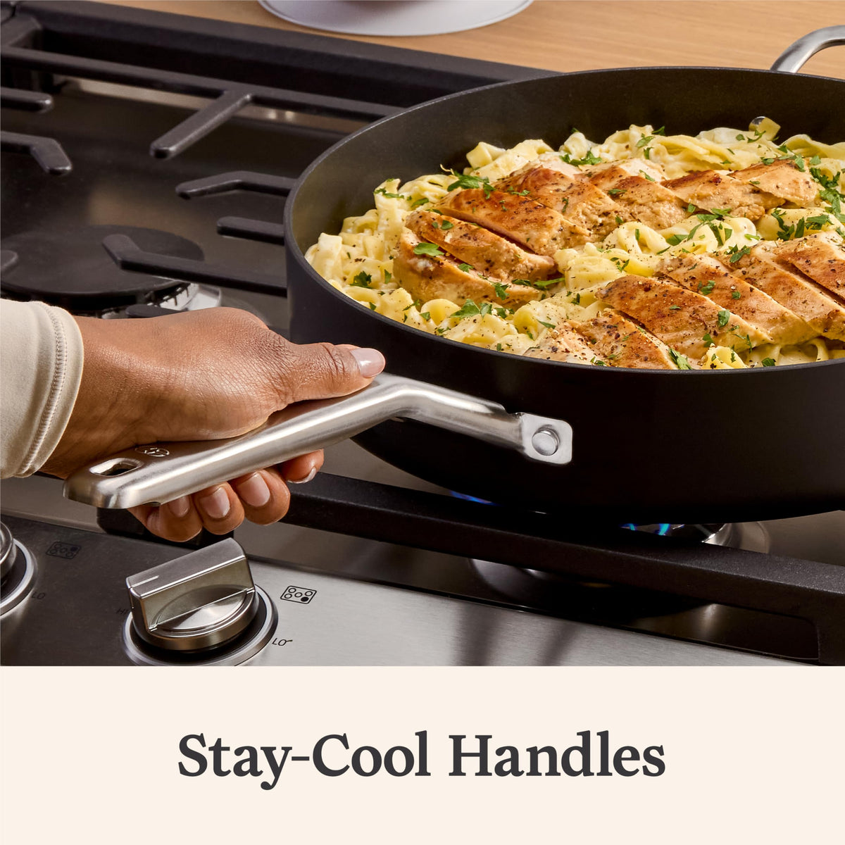 Calphalon pan and lid are dishwasher-safe for effortless cleanup.