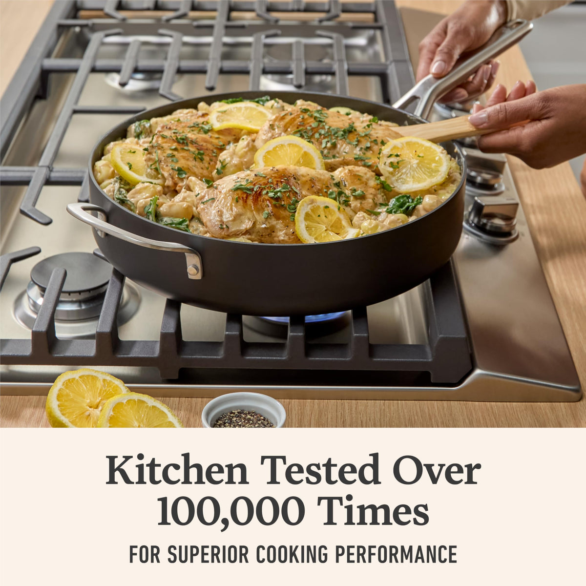 Calphalon sauté pan handle stays cool, comfortable grip during stovetop cooking.